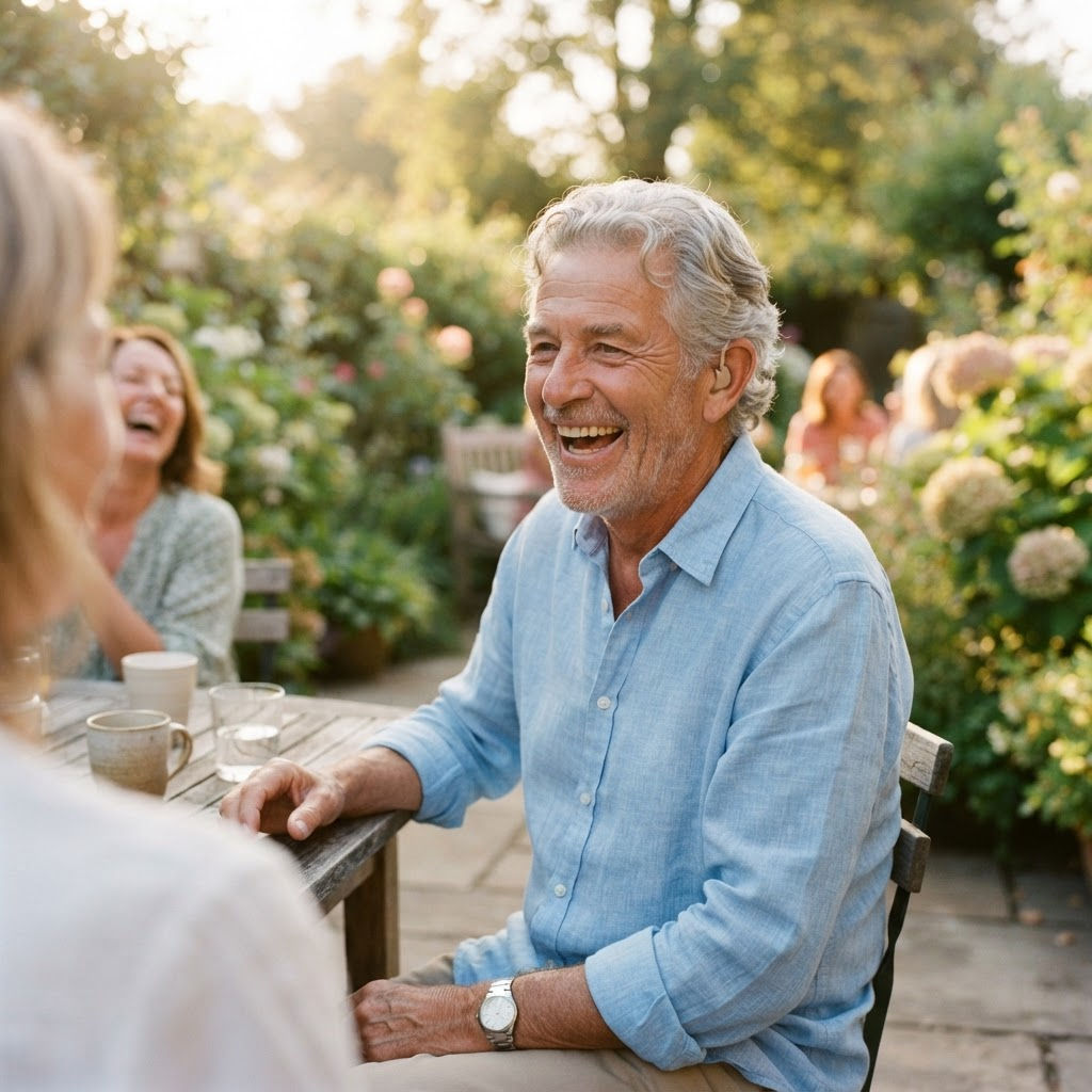 A smiling older man enjoying a clear conversation outdoors